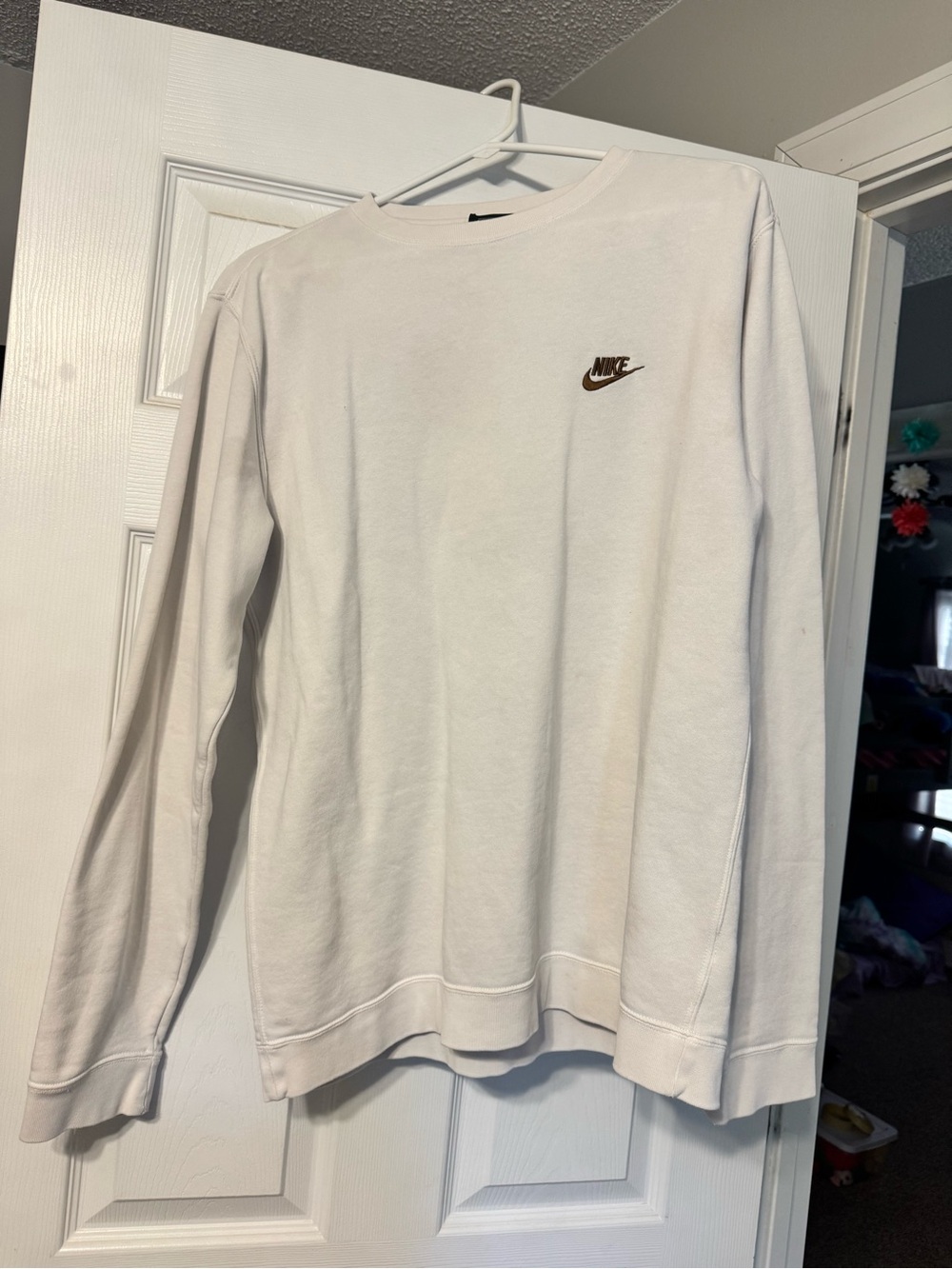 Nike White Crewneck Sweatshirt with Brown Swoosh